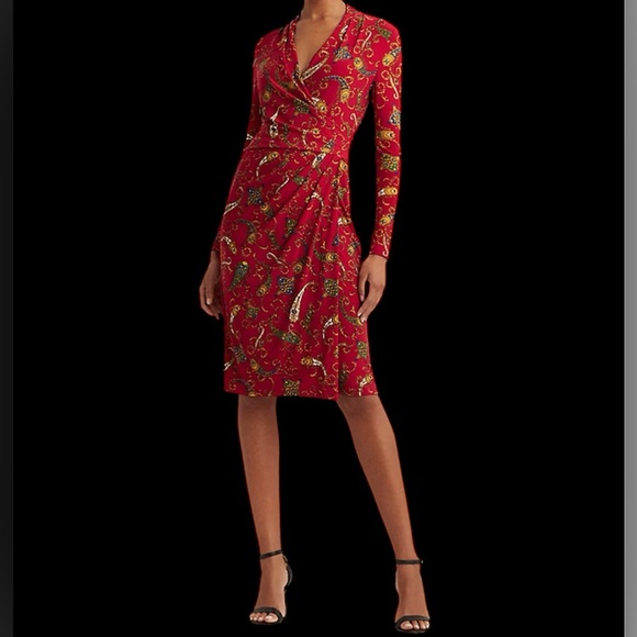 Ralph Lauren Red Pleated Paisley Jersey Dress Long Sleeve Patterned Dress - Picture 1 of 6